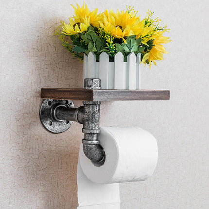 🛠️ Wrought Iron Pipe Toilet Roll Holder with Wooden Shelf