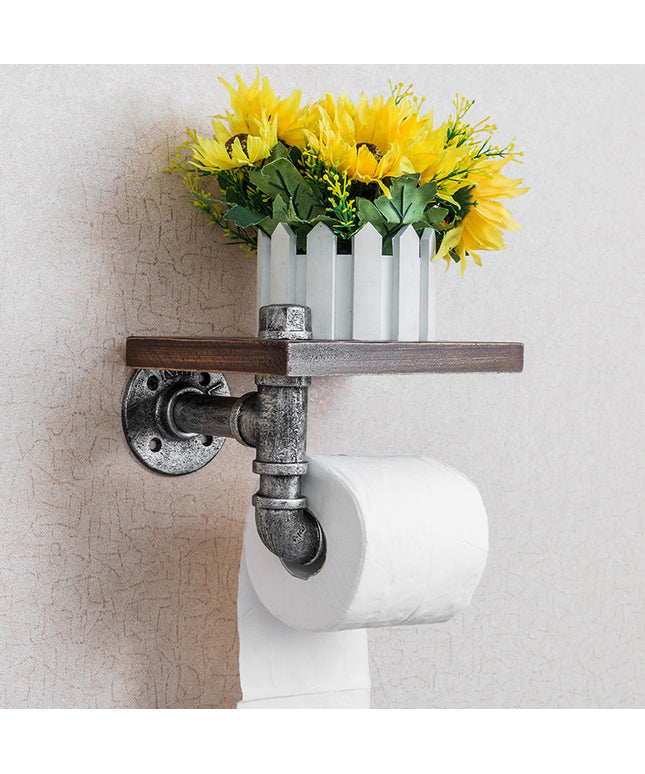 🛠️ Wrought Iron Pipe Toilet Roll Holder with Wooden Shelf