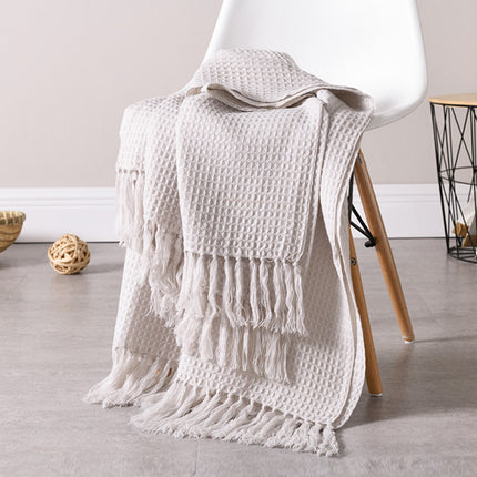 Knitted Waffle Blanket with Tassels – Beige or Dark Grey 🧶✨