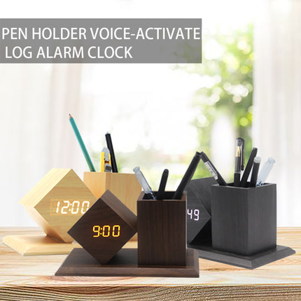 Wooden LED Pen Holder Clock – Desk Organiser with Alarm & Voice Activation