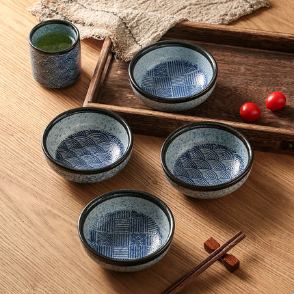 Japanese Ceramic Bowl 🍜 – Blue and White Ripple or Grid Design