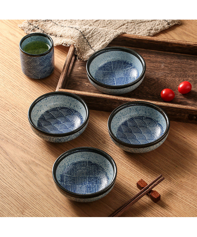 Japanese Ceramic Bowl 🍜 – Blue and White Ripple or Grid Design