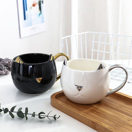 Cat Head Mug 🐱 – Black and Gold or White and Silver