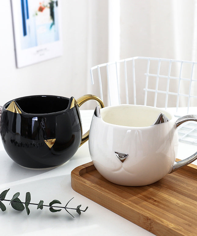 Cat Head Mug 🐱 – Black and Gold or White and Silver