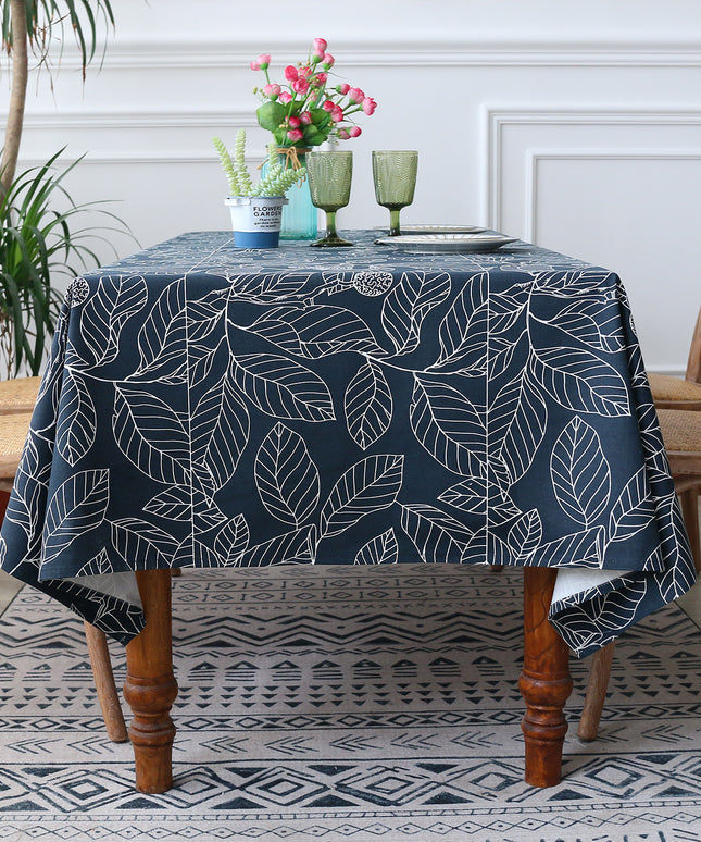 Leaf Print Tablecloth Navy or White | Modern Dining Table Cover