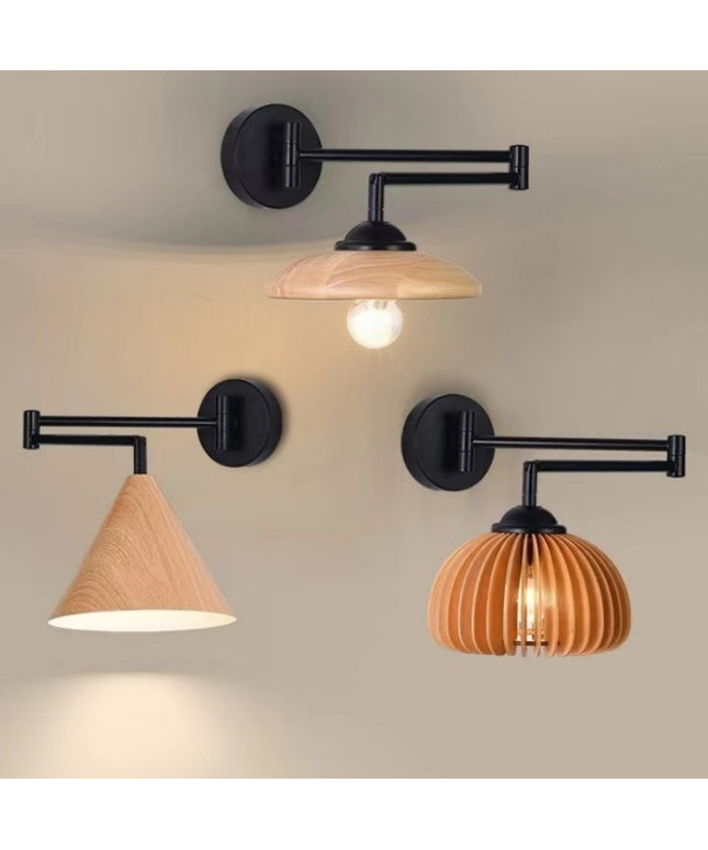 Japanese-Style Folding Wooden Wall Lamp – Retro Retractable Long Arm Light (Wood / Walnut, 3 Types)