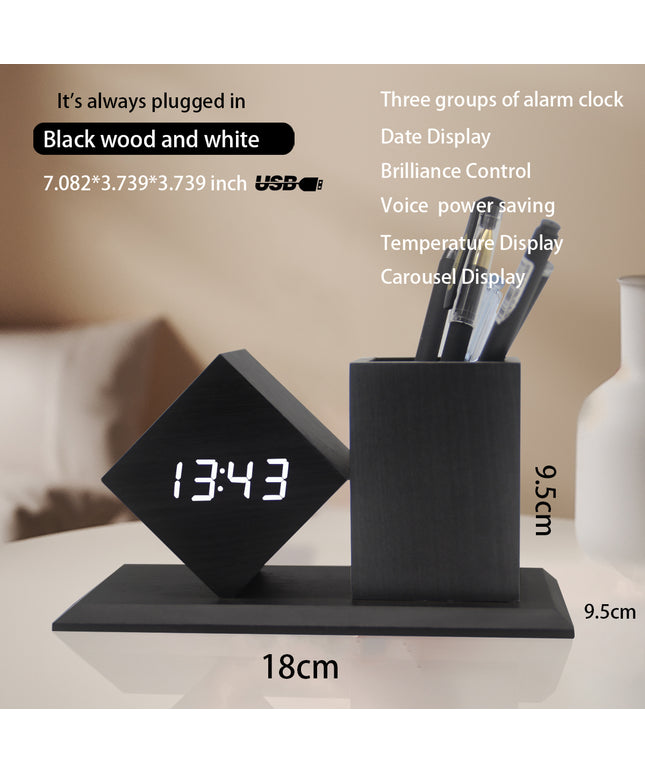 Wooden LED Pen Holder Clock – Desk Organiser with Alarm & Voice Activation