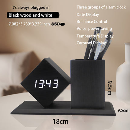 Wooden LED Pen Holder Clock – Desk Organiser with Alarm & Voice Activation