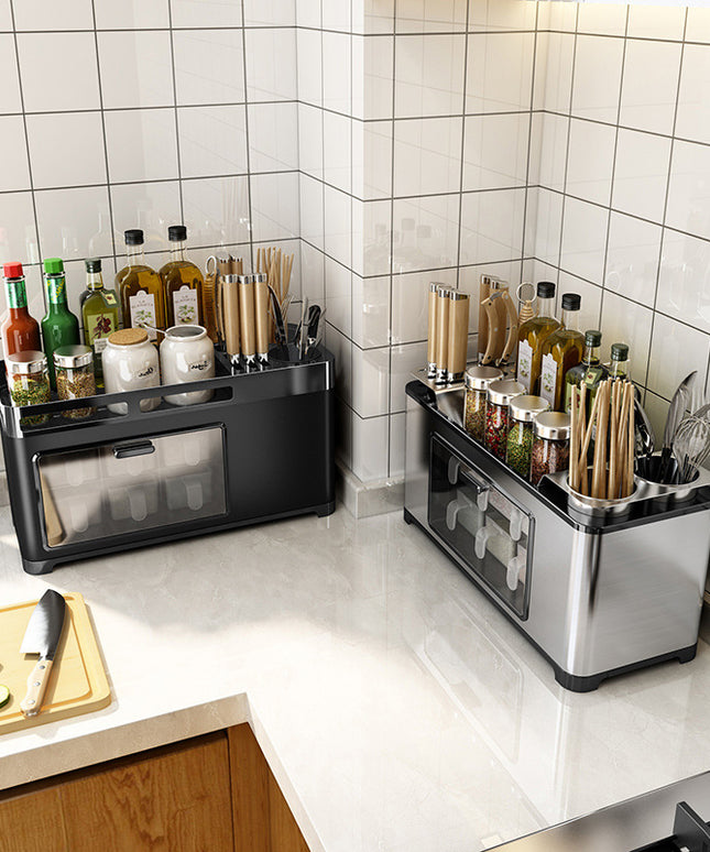 Stainless Steel Kitchen Storage Cabinet – Transparent Door, 6 Spice Boxes, Silver/Black | Ikeame