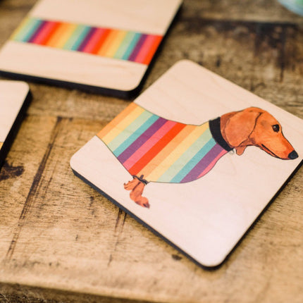 Dachshund Coaster Set | Wooden Dog Coasters with Holder