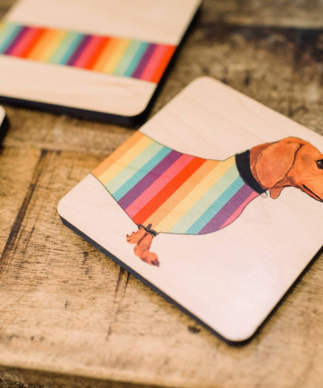 Dachshund Coaster Set | Wooden Dog Coasters with Holder