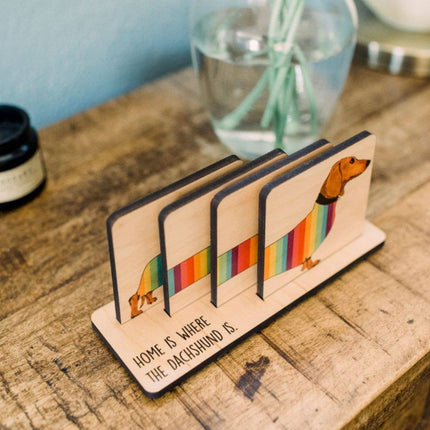 Dachshund Coaster Set | Wooden Dog Coasters with Holder