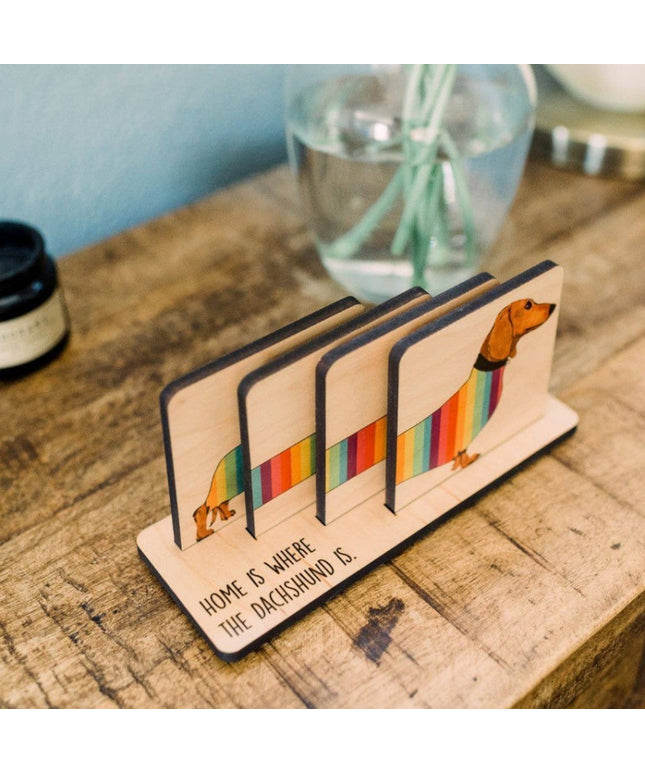 Dachshund Coaster Set | Wooden Dog Coasters with Holder