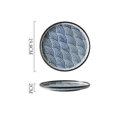 Japanese-Style Ceramic Plates – Blue & White Wave or Grid Patterns | Ikeame