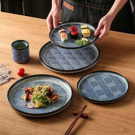 Japanese-Style Ceramic Plates – Blue & White Wave or Grid Patterns | Ikeame
