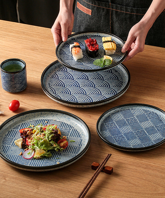 Japanese-Style Ceramic Plates – Blue & White Wave or Grid Patterns | Ikeame