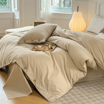 Washed Cotton Bedding Set | Button Duvet Cover 4 Piece