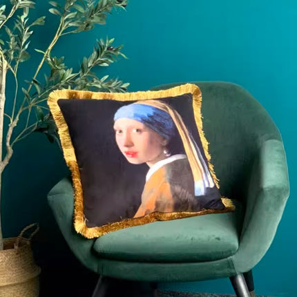 Vintage Oil Painting Cushion – Girl with Earrings