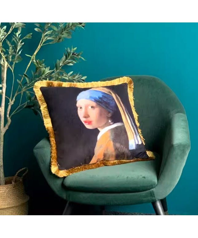 Vintage Oil Painting Cushion – Girl with Earrings