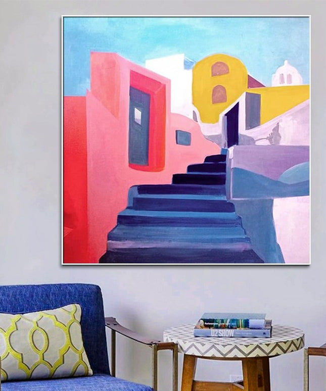 Hand-Painted Mediterranean Street Oil Painting | Colourful Canvas Art