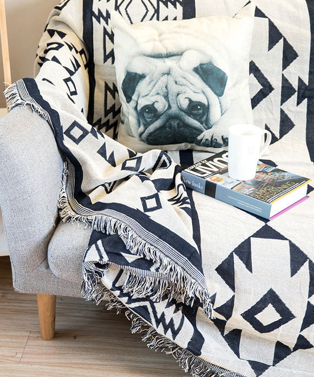 Black White Geometric Boho Cotton Throw | Sofa & Bed Blanket