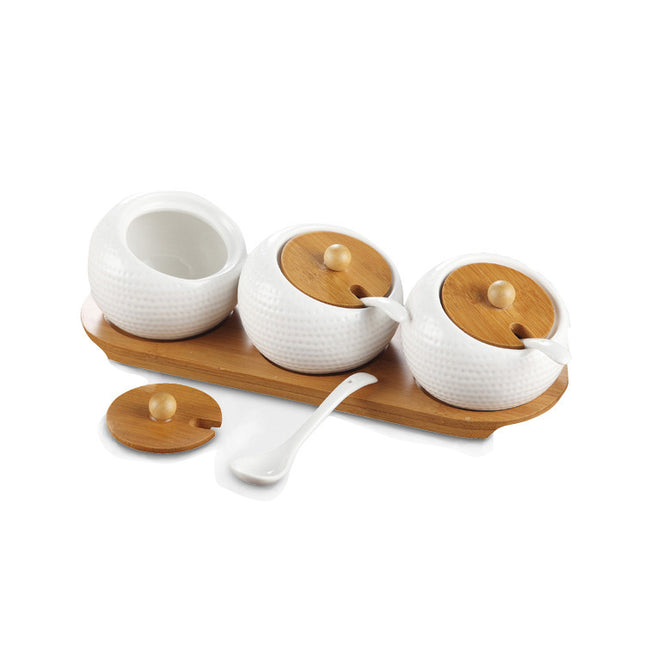 White Ceramic Seasoning Jar with Bamboo Lid & Spoon – Individual or Set of 3