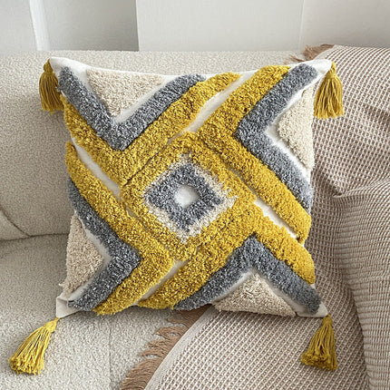 Nordic-Inspired Bohemian Tufted Cushion – Grey and Yellow Geometric Design