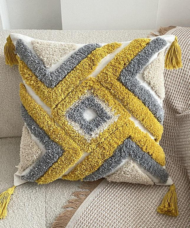 Nordic-Inspired Bohemian Tufted Cushion – Grey and Yellow Geometric Design