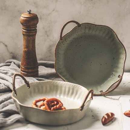 Vintage Rough Pottery Serving Dish with Handles – 21cm | Grey or Green