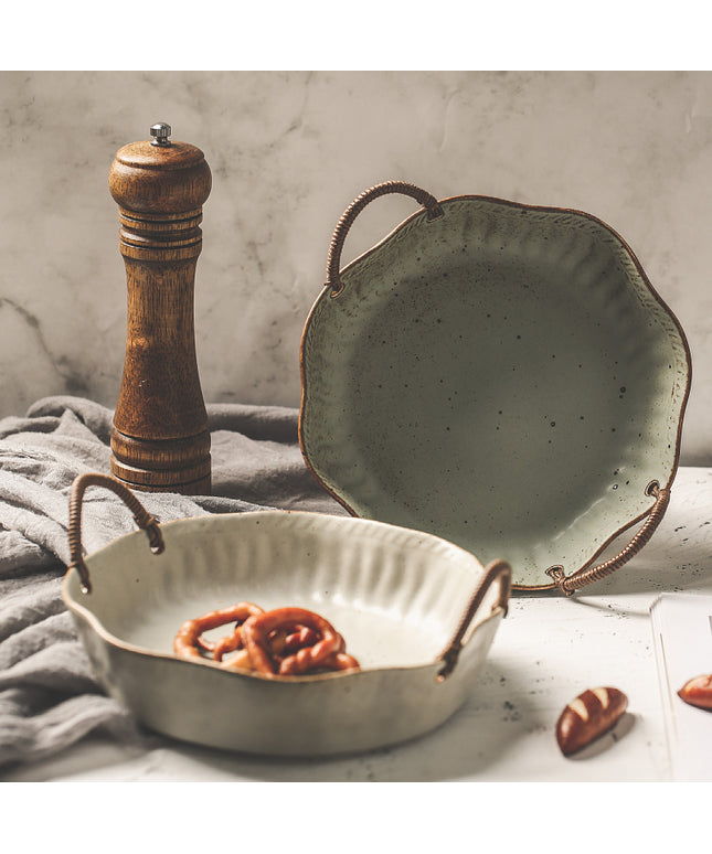 Vintage Rough Pottery Serving Dish with Handles – 21cm | Grey or Green