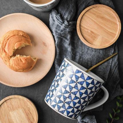 Scandinavian Ceramic Mug with Wooden Lid | Geometric Coffee Cup
