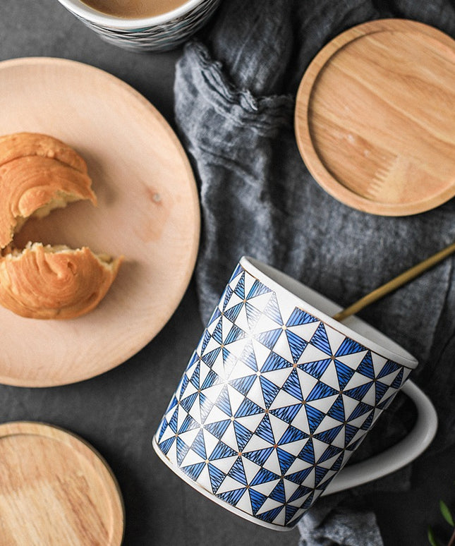 Scandinavian Ceramic Mug with Wooden Lid | Geometric Coffee Cup