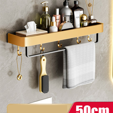 Bathroom Towel Storage Rack – Aluminium Shelf with Hooks | Ikeame
