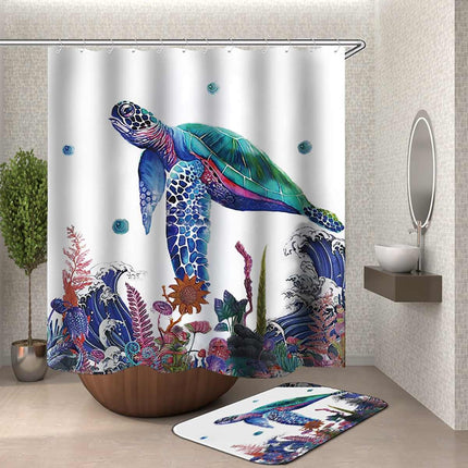 Colourful Sea Turtle Shower Curtain & Bathroom Mat Set 🐢🌊