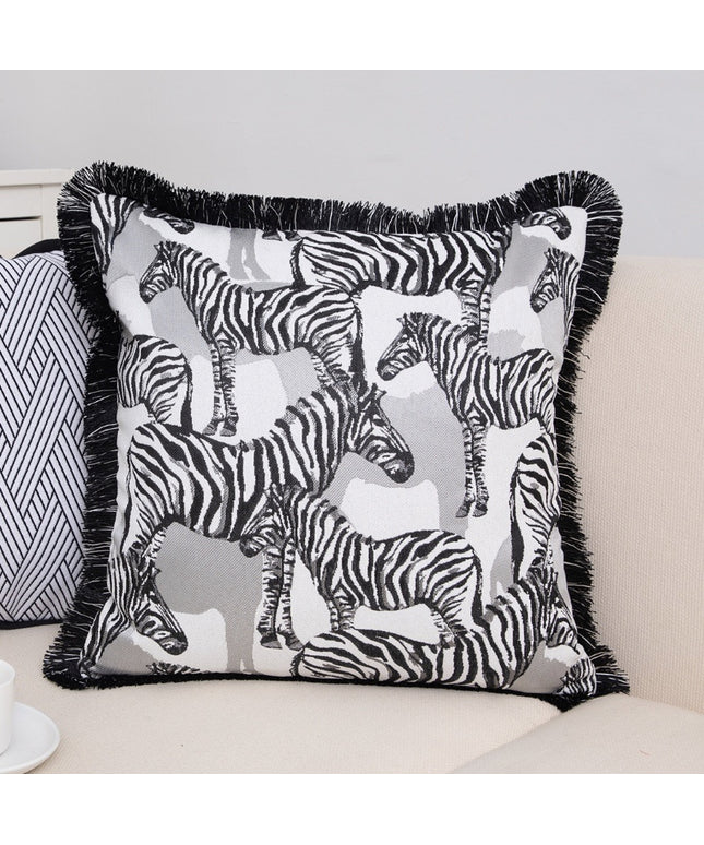 Luxury Zebra Embroidered Cushion Cover – Fringed 45x45cm Pillow Case