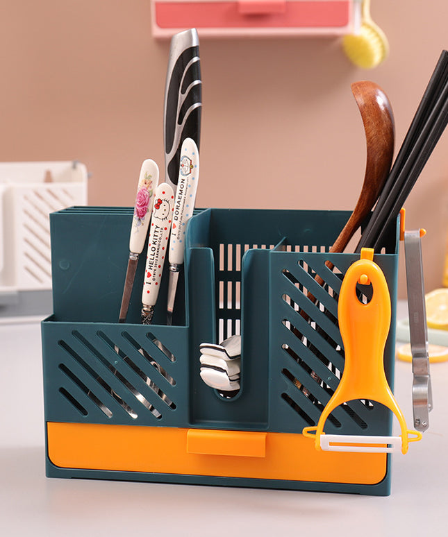 Punch-Free Kitchen Tableware Rack – Utensil Storage with Drip Tray | Dark Blue, Grey White, Pink, Green