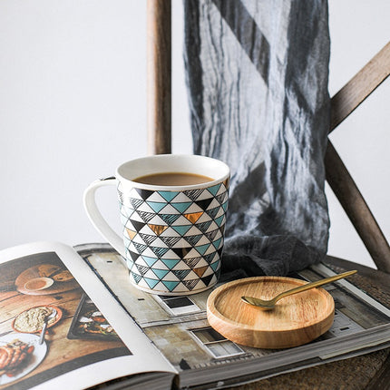 Scandinavian Ceramic Mug with Wooden Lid | Geometric Coffee Cup