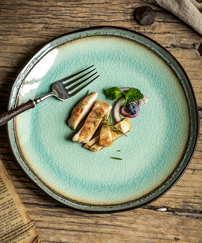 Vintage Ceramic Plate 🌊 – Blue-Green Ice-Cracked Glaze