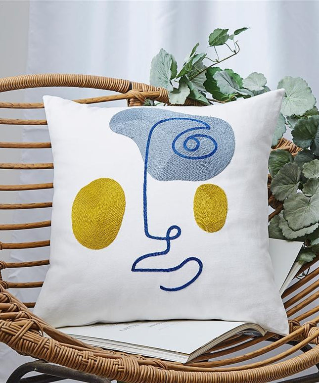 Abstract Face Embroidered Cushion Cover | 45x45 Modern Art Style