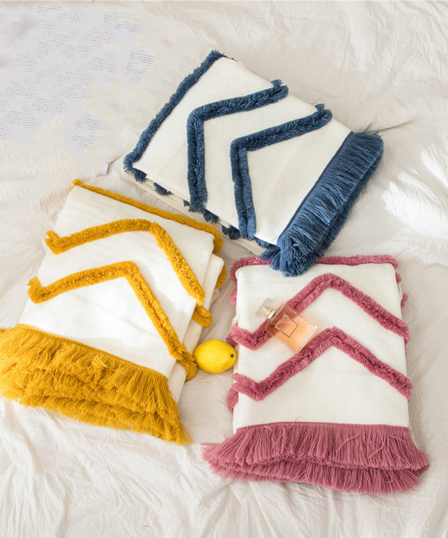 Knitted Zig Zag Tassel Blanket – Cream with Red, Yellow, or Blue