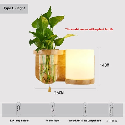 Simple Wooden Wall Lamp with Shelf or Hydroponic Glass Vase
