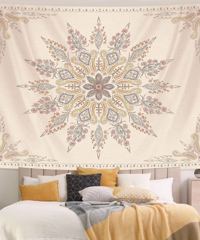 Boho Mandala Tapestry | Beige Floral Wall Hanging