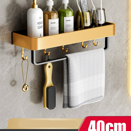 Bathroom Towel Storage Rack – Aluminium Shelf with Hooks | Ikeame