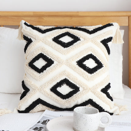 Bohemian Tufted Geometric Cushion with Core – 45x45cm | White, Beige & Black