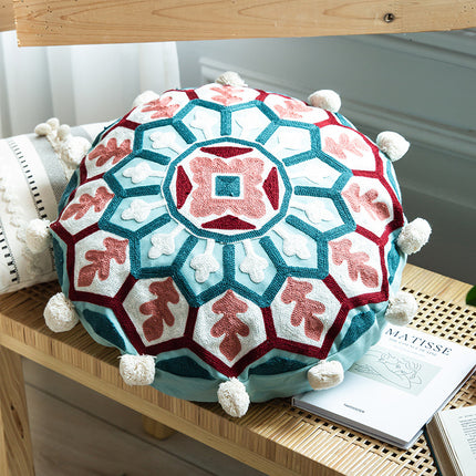 Moroccan Style Hand-Embroidered Round Pillow Cover