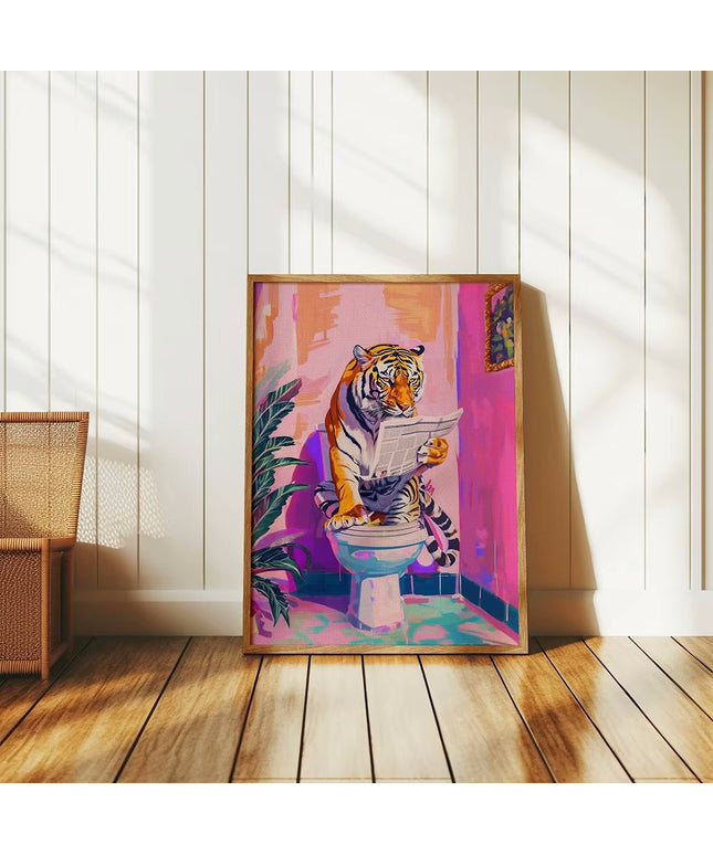 Funny Tiger in Bathroom Poster – Jungle Animal Canvas Wall Art