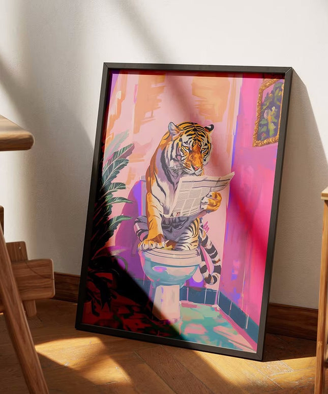 Funny Tiger in Bathroom Poster – Jungle Animal Canvas Wall Art