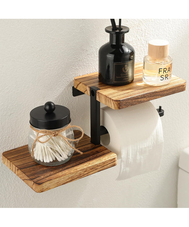 Wooden Bathroom Shelf with Toilet Roll Holder — 3-Tier, Foldable