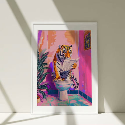 Funny Tiger in Bathroom Poster – Jungle Animal Canvas Wall Art