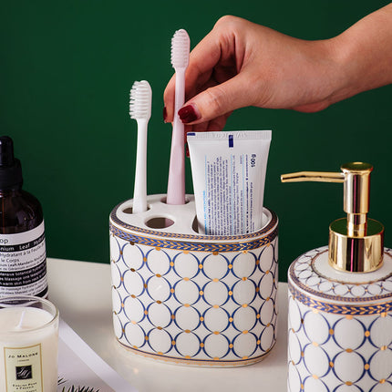 Nordic Ceramic Bathroom Set – 5 or 6 Pieces | Blue & Gold on White